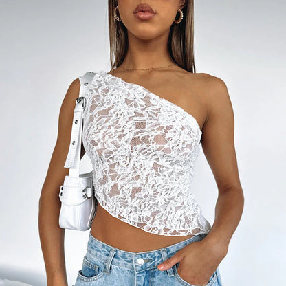 A stylish backless lace top in various colors with an asymmetrical sloped neckline and waistless design, perfect for summer streetwear fashion.