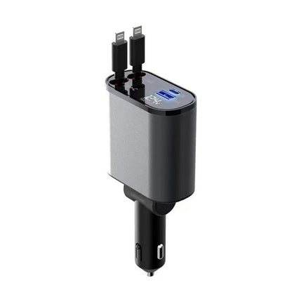 A sleek, metal 100W car charger with USB and Type-C ports for fast charging on the go