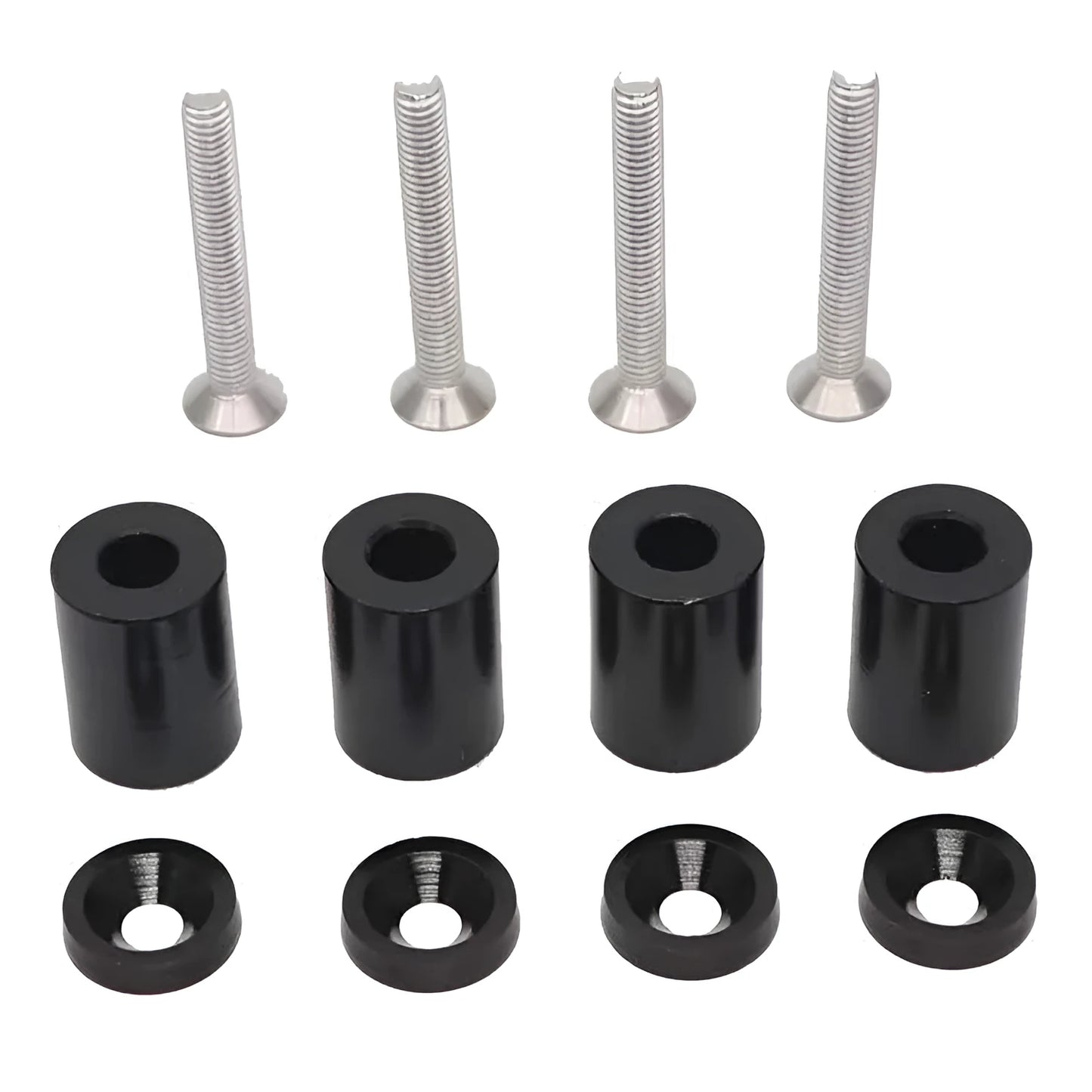Aluminium alloy machine cover height spacer kit with screws, nuts, washers in red, blue, black.