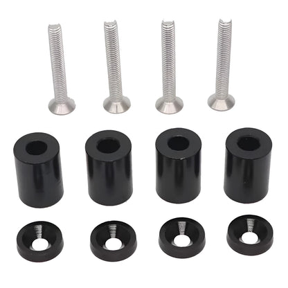 Aluminium alloy machine cover height spacer kit with screws, nuts, washers in red, blue, black.