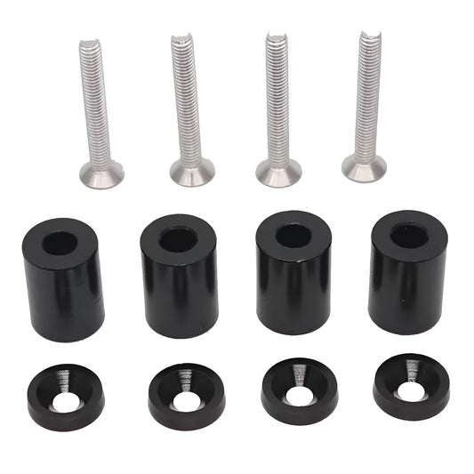 Aluminium alloy machine cover height spacer kit with screws, nuts, washers in red, blue, black.