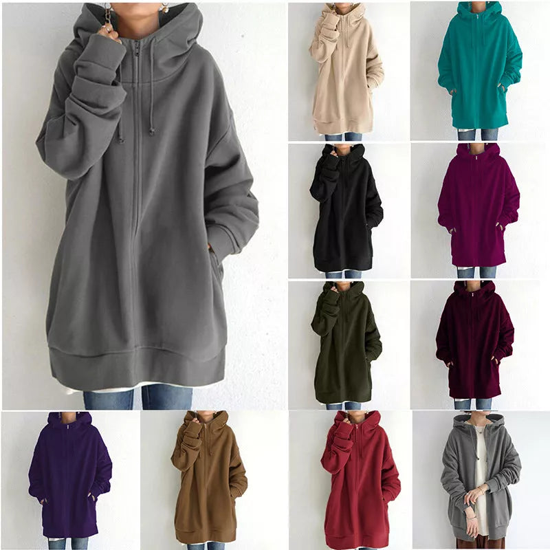 Women's fuzzy full-zip hoodie in various colors, perfect for cool weather comfort and style.