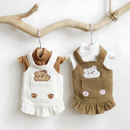 Cotton cartoon dog dress with suspender skirt in brown or white, sizes XXS to XL for small dogs