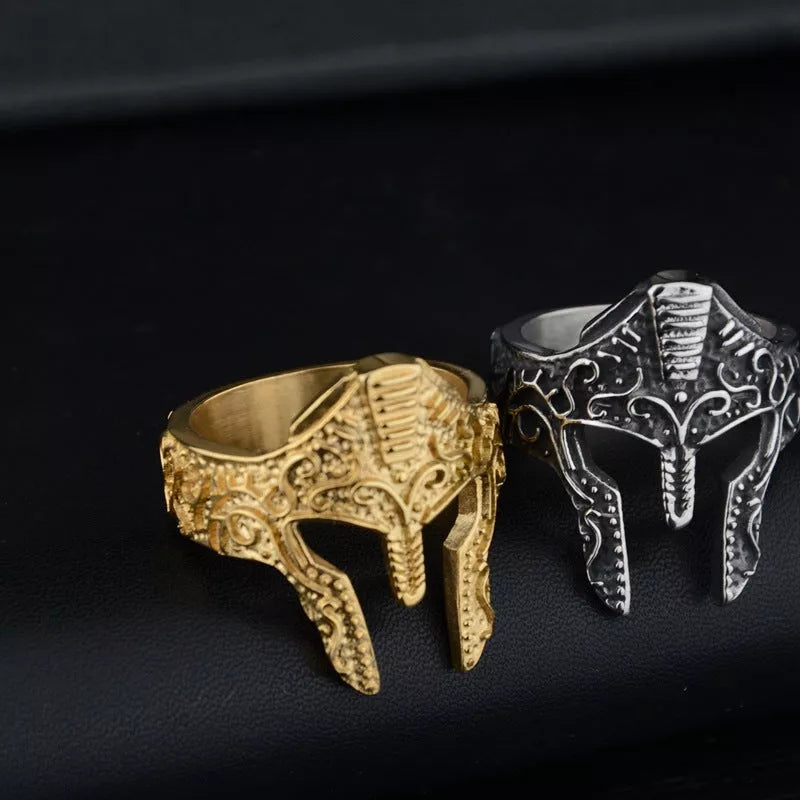 Stainless steel warrior mask ring in gold and silver finishes, sizes 8-12