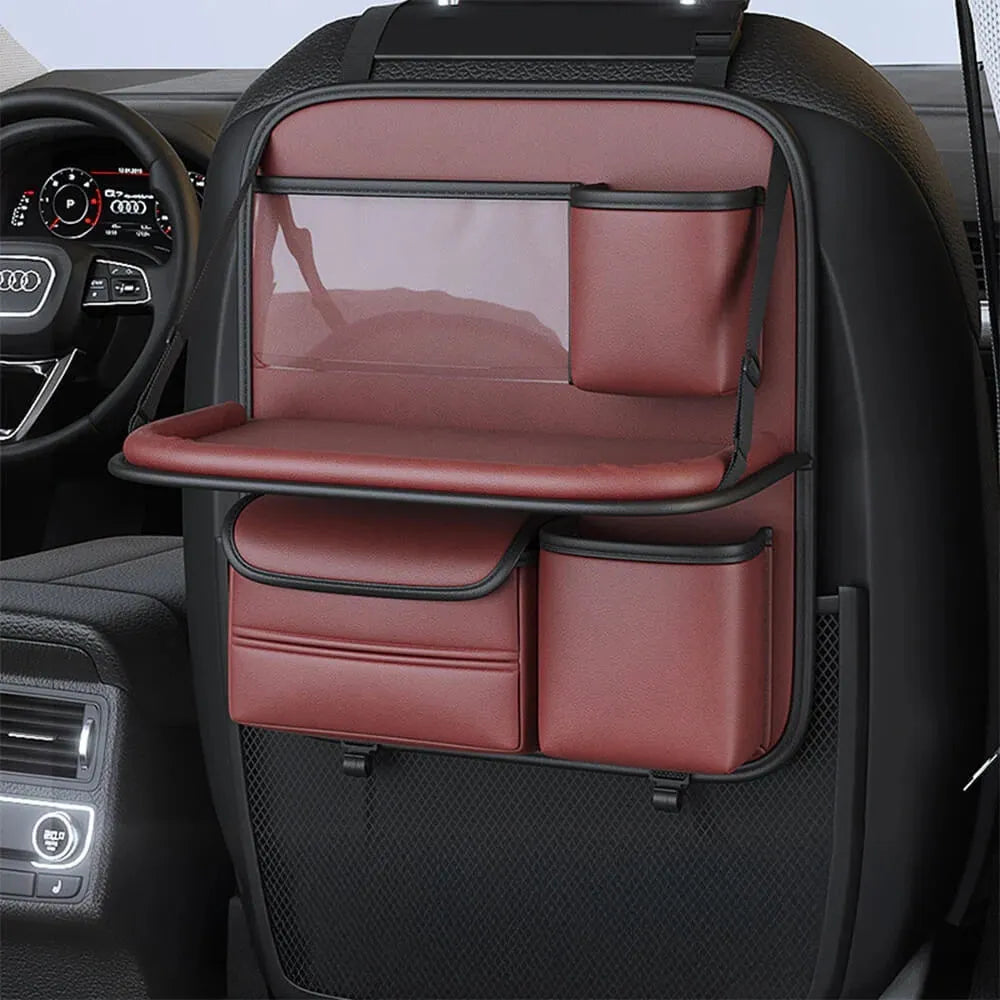 Leather car seat lazyback storage bag with foldable dining table, waterproof, 1.2kg, 48 x 25 x 6cm, in four colours.