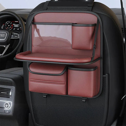 Leather car seat lazyback storage bag with foldable dining table, waterproof, 1.2kg, 48 x 25 x 6cm, in four colours.