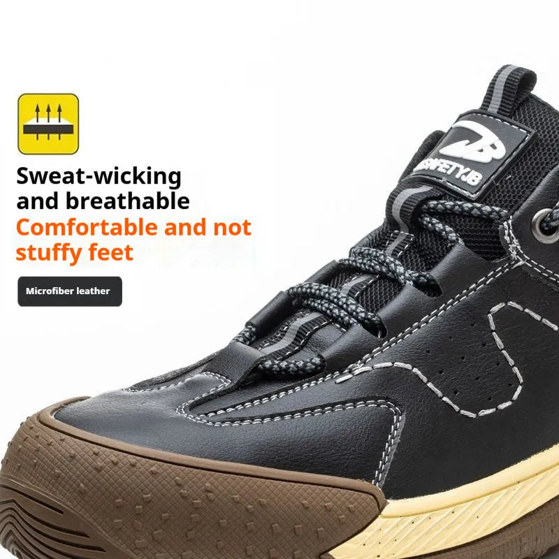 Leather Flyknit safety work shoes in black, brown, grey, or khaki with a rubber sole