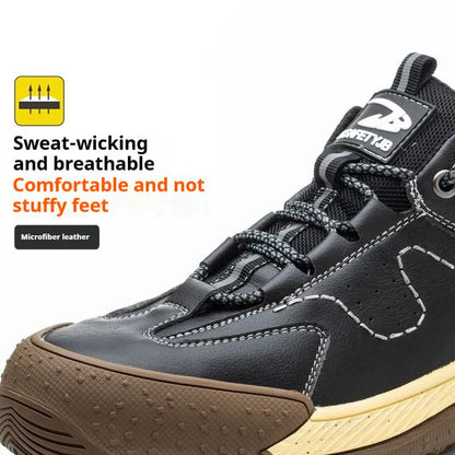Leather Flyknit safety work shoes in black, brown, grey, or khaki with a rubber sole