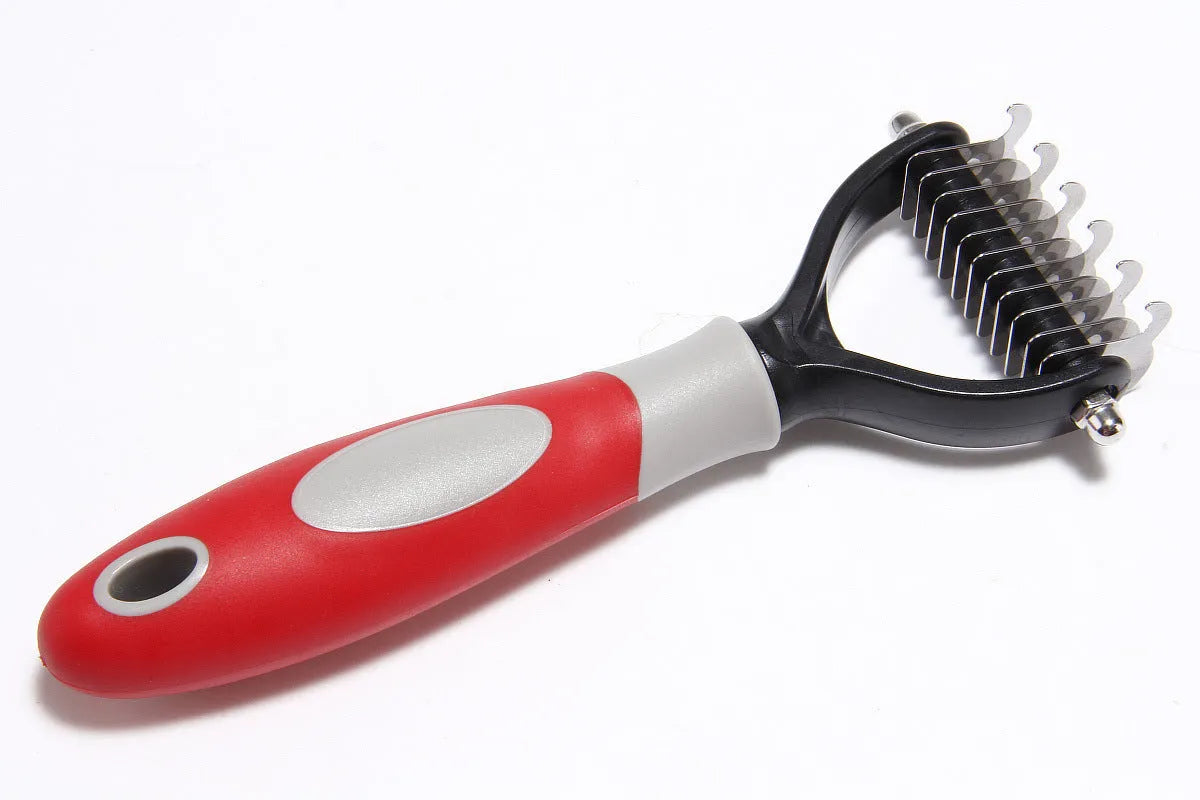 Dog grooming comb with plastic body and stainless steel teeth for knot opening and hair removal