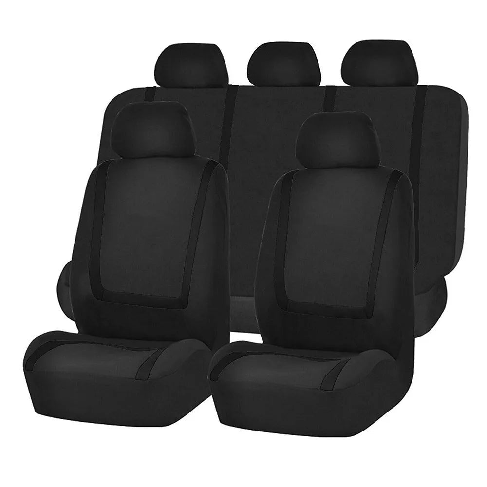 Fully enclosed fabric car seat cover set showing front and rear seat protection in a beige and black colour combination.