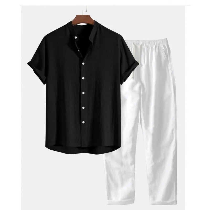 Men's loose fit short sleeve shirt and trousers casual suit set in various colours