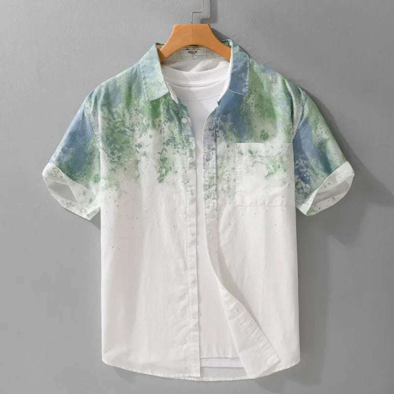 Men's grey hanging dyed pure cotton short-sleeved shirt with loose cardigan fit