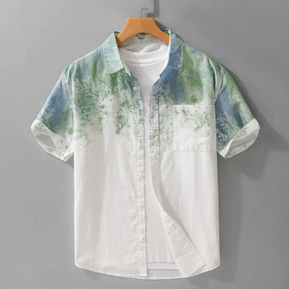Men's grey hanging dyed pure cotton short-sleeved shirt with loose cardigan fit