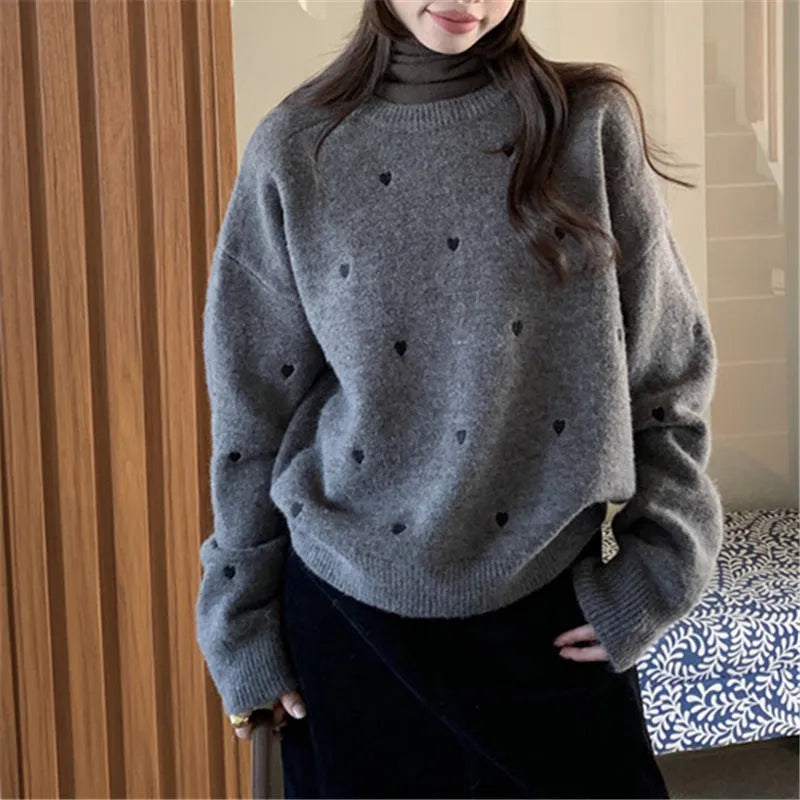 Women's loose fit acrylic pullover sweater with embroidered love pattern in milky white, grey, or pink