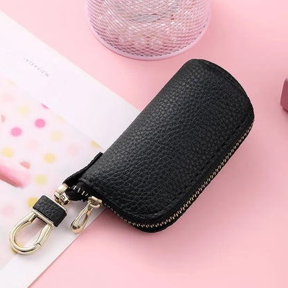 Men's black grey pink PU leather zipper key case organiser with waterproof construction