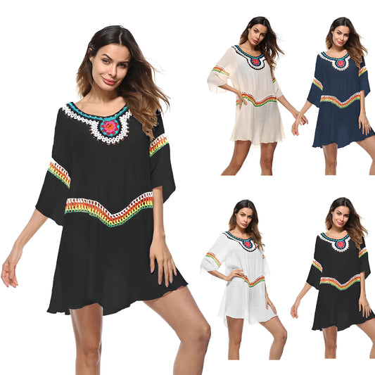 Women's crocheted ethnic style beach cover-up top in apricot colour, for sun protection.