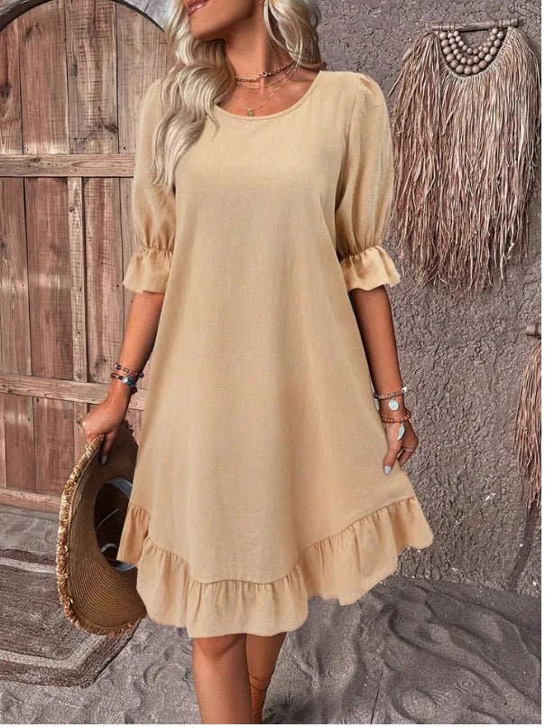 Cotton linen ruffle short-sleeved dress in various colors for summer