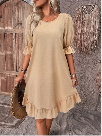 Cotton linen ruffle short-sleeved dress in various colors for summer