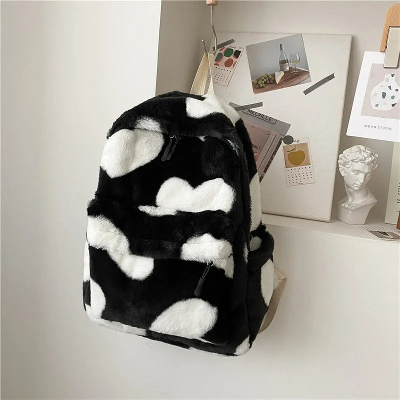 Furry plush backpack with heart pattern and three-dimensional outer pocket in khaki, green, black, pink or briquette
