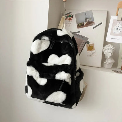 Furry plush backpack with heart pattern and three-dimensional outer pocket in khaki, green, black, pink or briquette