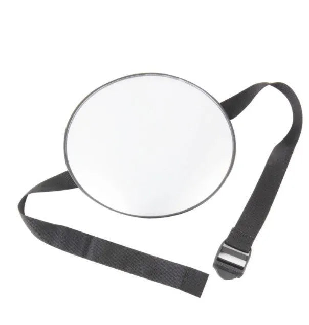 Black ABS baby car rearview mirror with 17cm outer diameter, 16.5cm chassis, and 85cm ribbon