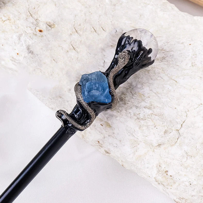 Natural crystal ball magic wand with wooden handle showing labradorite, obsidian, white crystal, or amethyst options