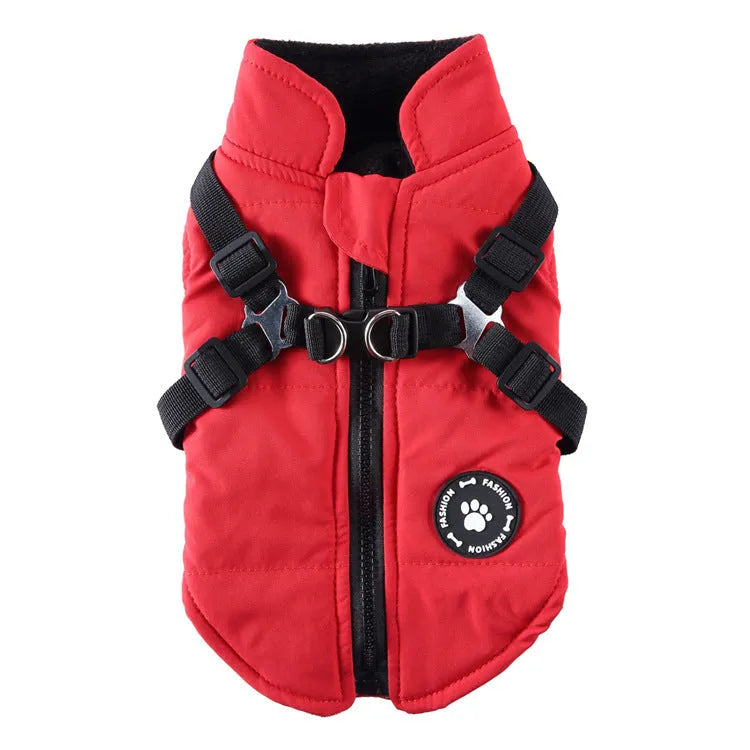 Polyester quilted dog jacket with a chest strap, shown in blue, on a mannequin.