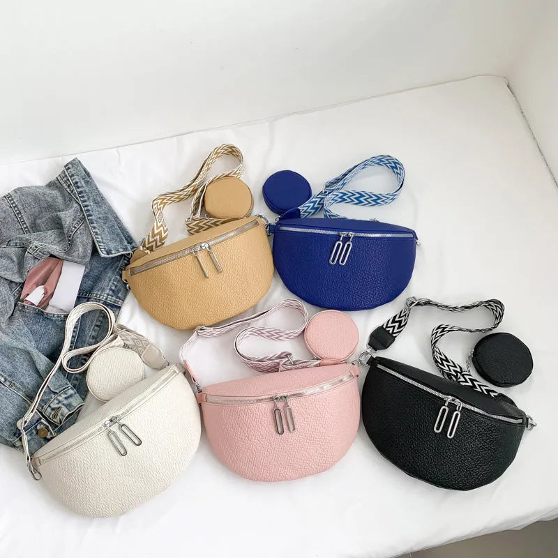 Women's solid colour PU crossbody bag with saddle lock zipper texture in clamshell design
