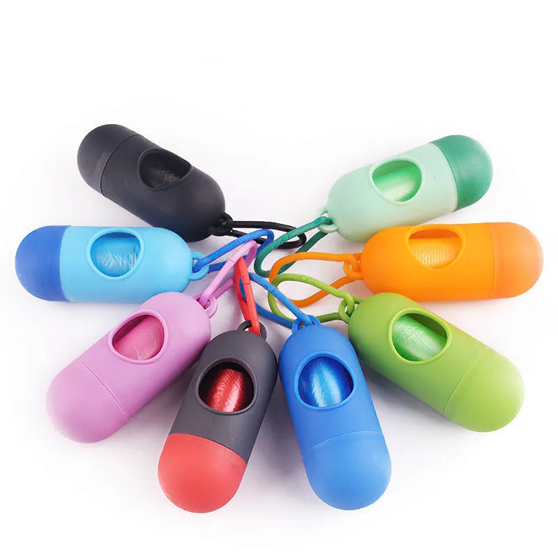 Dog poop bags holder with hook in various colours, showing Velcro fastening and compact 10cm size