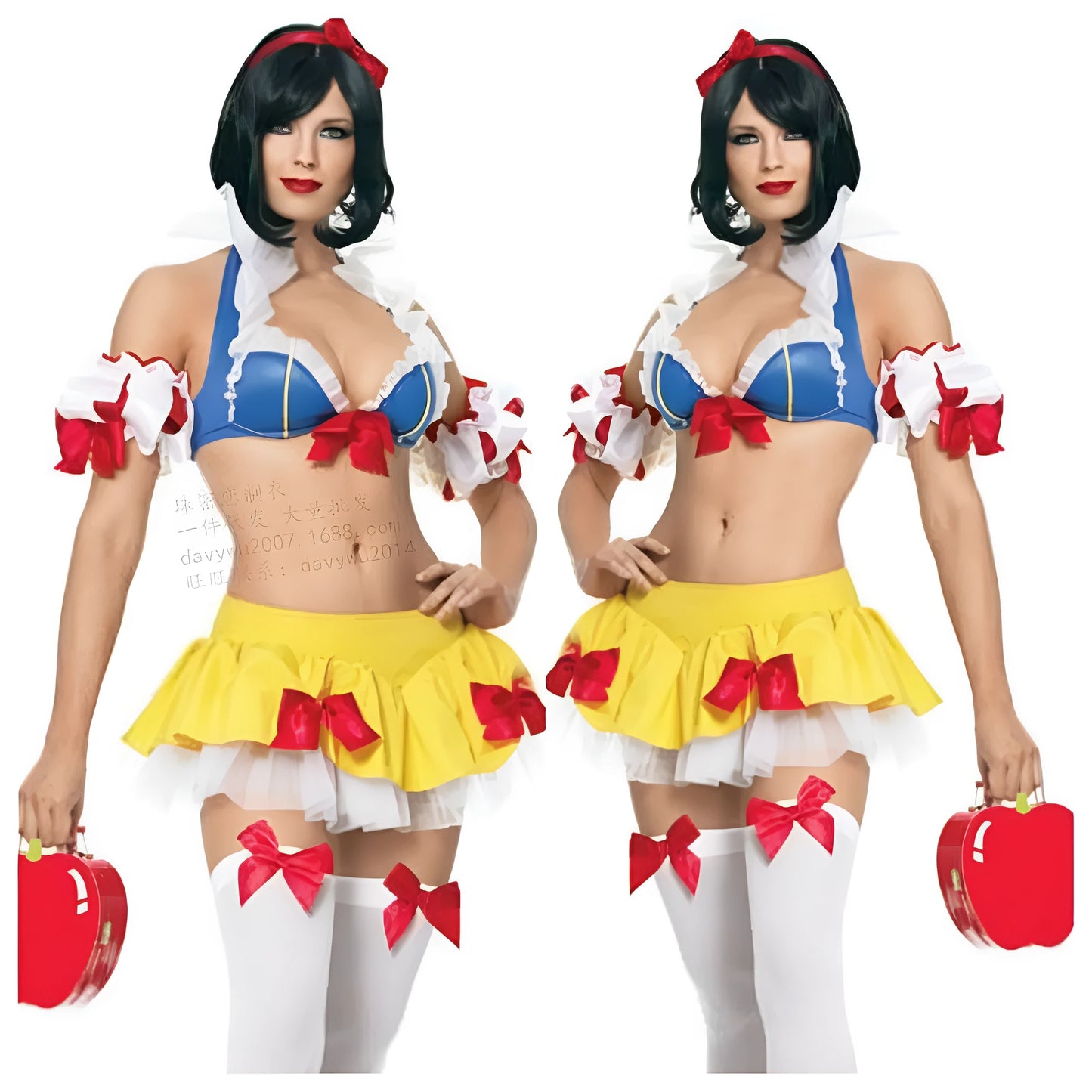 Snow White anime cosplay costume set with lace-up corset top, short skirt, headwear, and hand sleeves