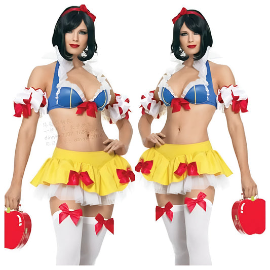 Snow White anime cosplay costume set with lace-up corset top, short skirt, headwear, and hand sleeves