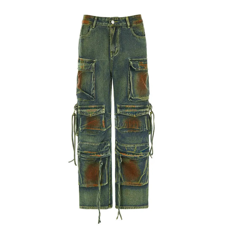 Loose fit multi-pocket cargo denim trousers with gradient colour panels on the pockets.