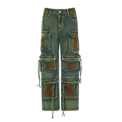 Loose fit multi-pocket cargo denim trousers with gradient colour panels on the pockets.