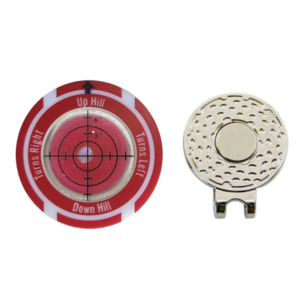 Golf level hat clip measurement device with green level markings and position marks for putting alignment