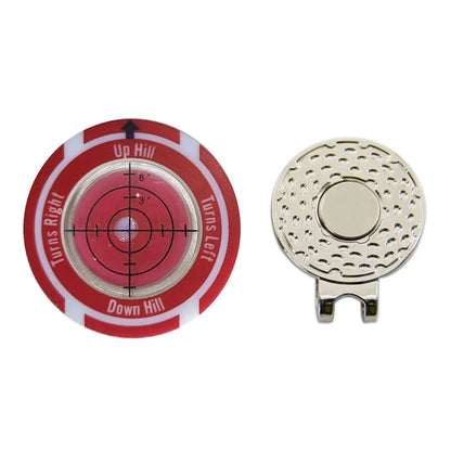 Golf level hat clip measurement device with green level markings and position marks for putting alignment