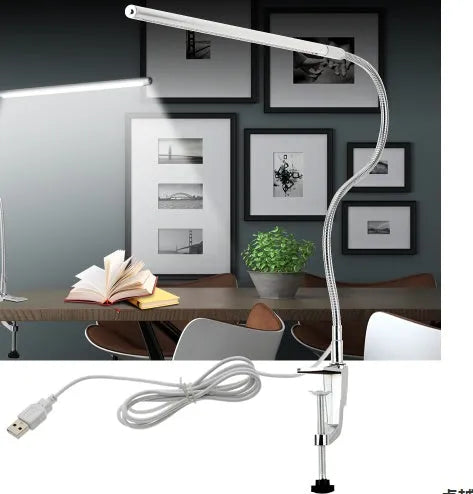 Silver aluminium alloy LED nail lighting table lamp with long arm and clip mounting for beauty workstations