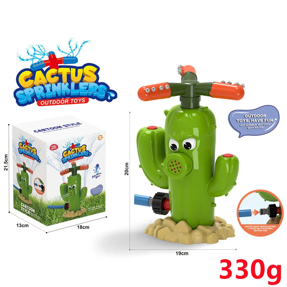 Colorful outdoor water sprinkler toy with cactus-shaped design for kids to enjoy in the backyard