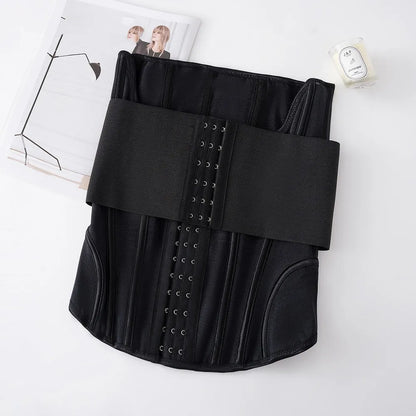Black belly band waist trainer with adjustable tie on mannequin, showing nylon fabric construction