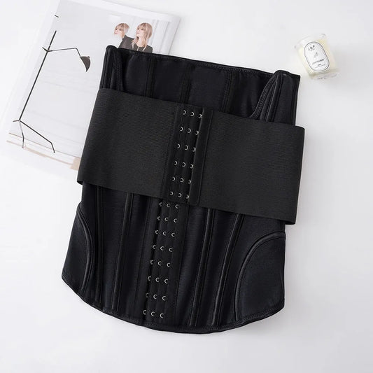Black belly band waist trainer with adjustable tie on mannequin, showing nylon fabric construction