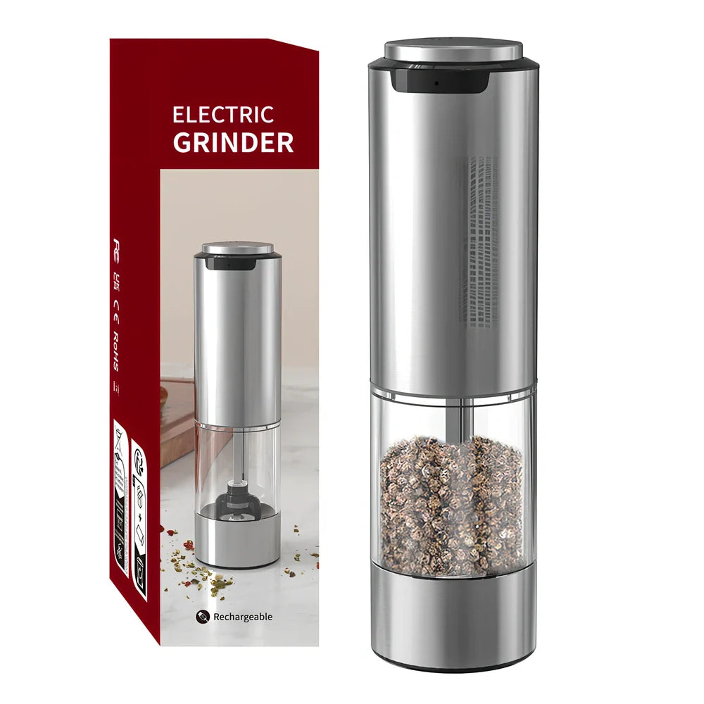 Stainless steel electric pepper grinder with button operation and Type-C charging port