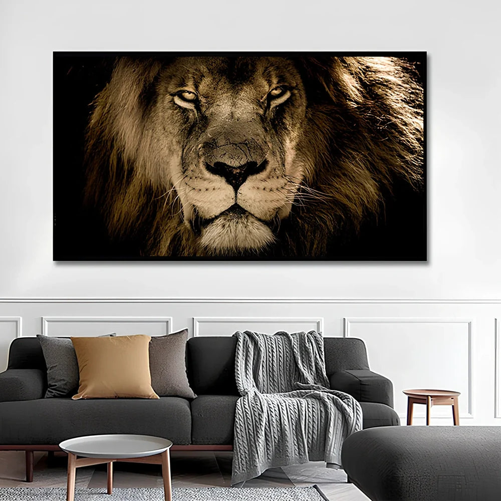 Leopard lion face canvas painting with waterproof ink in horizontal rectangle format