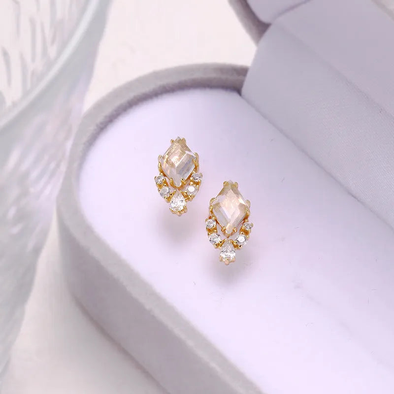 925 sterling silver geometric ear studs with sweet white crystal centrepiece