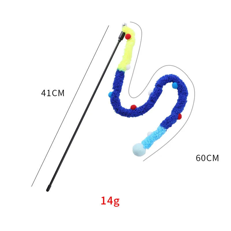 Blue interactive cat wand toy with a long plush strip, fluffy ball, and bell on a 41cm pole.