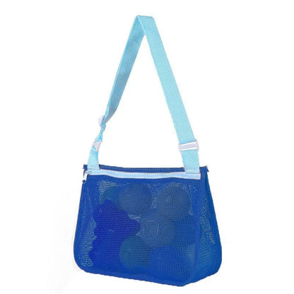 Blue children's travel storage organiser bag with nylon mesh construction and shoulder strap