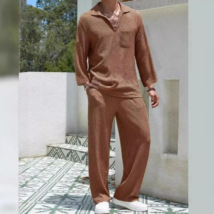 Men's casual shirt and trousers set in lake blue with shirt-style jacket and matching trousers for autumn leisure wear