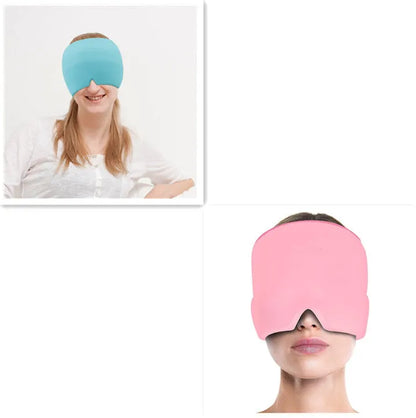 Black elastic gel headache relief mask laid flat showing eye contours and adjustable headband.