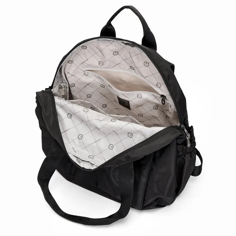 Outdoor backpack showing sandwich pocket design with 48cm height dimensions and nylon construction