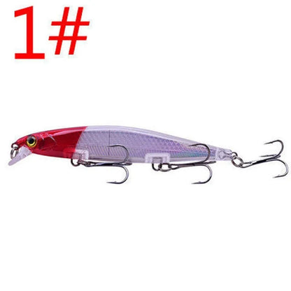 11cm submerged minnow fishing lure with slow-sink tossing action, shown in one of eight available colours.