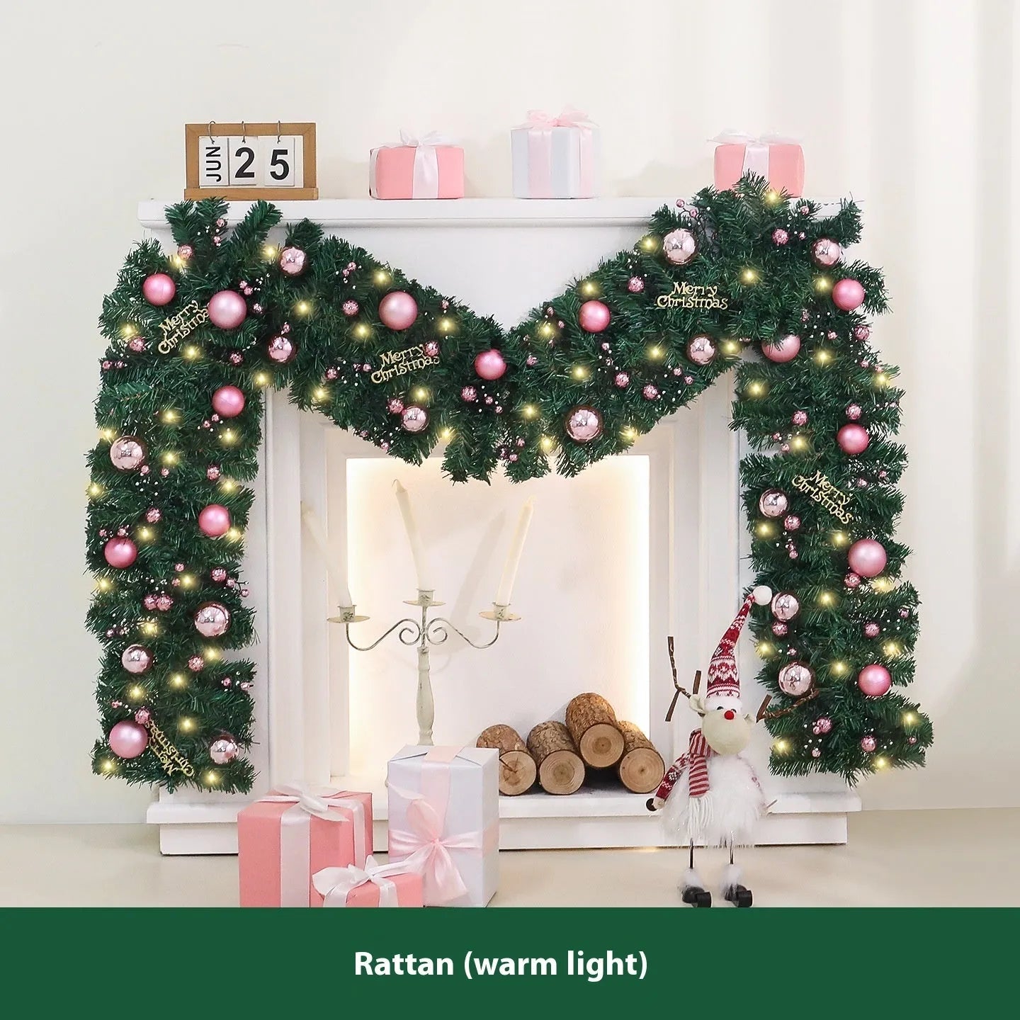 2.7 metre pink artificial rattan Christmas garland with 240 PVC foliage heads and optional coloured lighting
