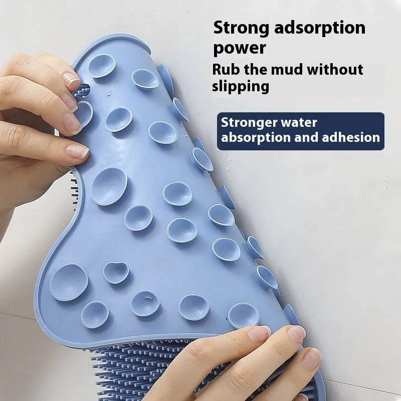 Blue silicone bath massage mat for back exfoliation measuring 31 by 32 centimetres